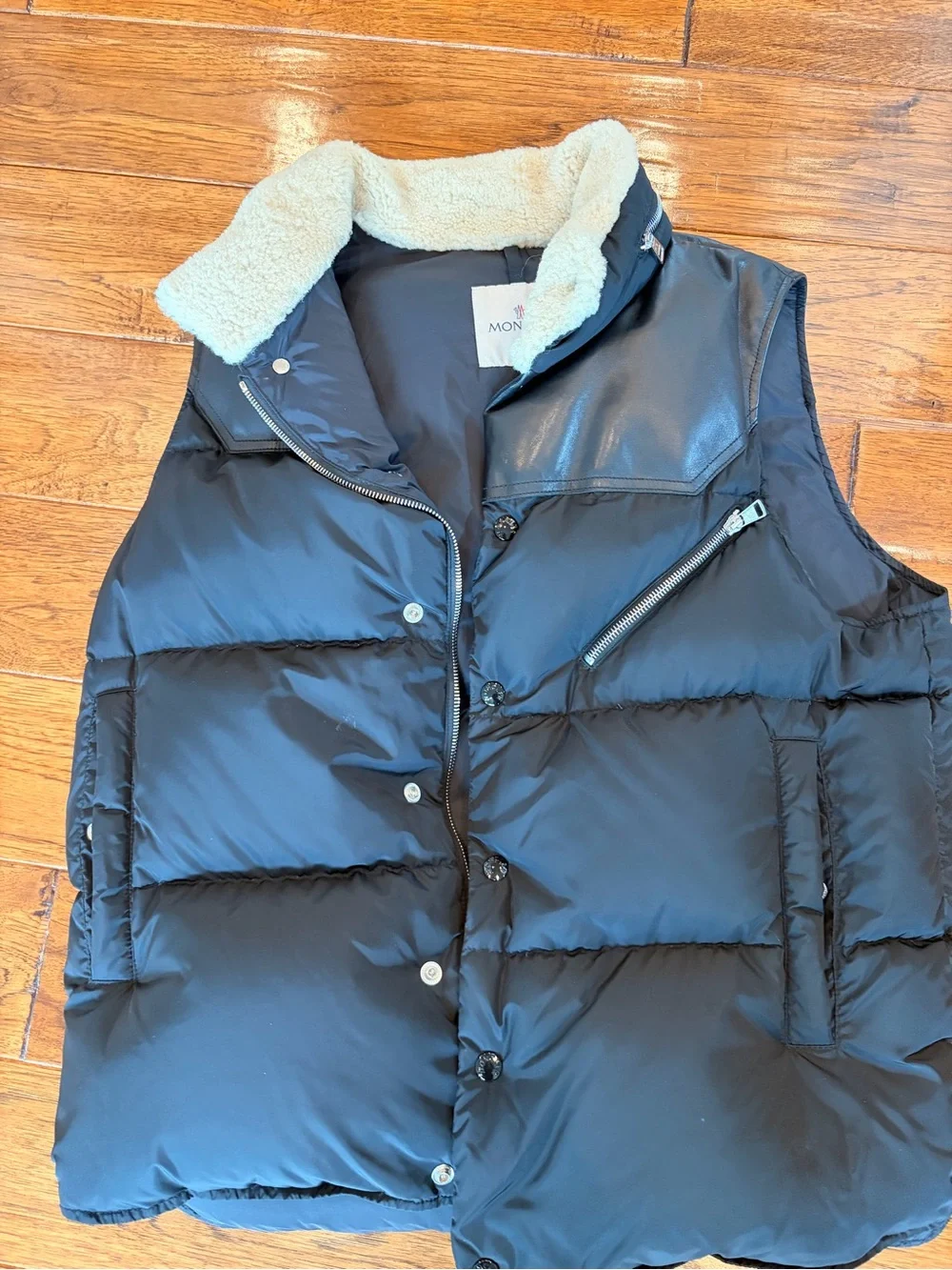 Moncler Black Quilted Puffer Vest with Cream Shearling Collar